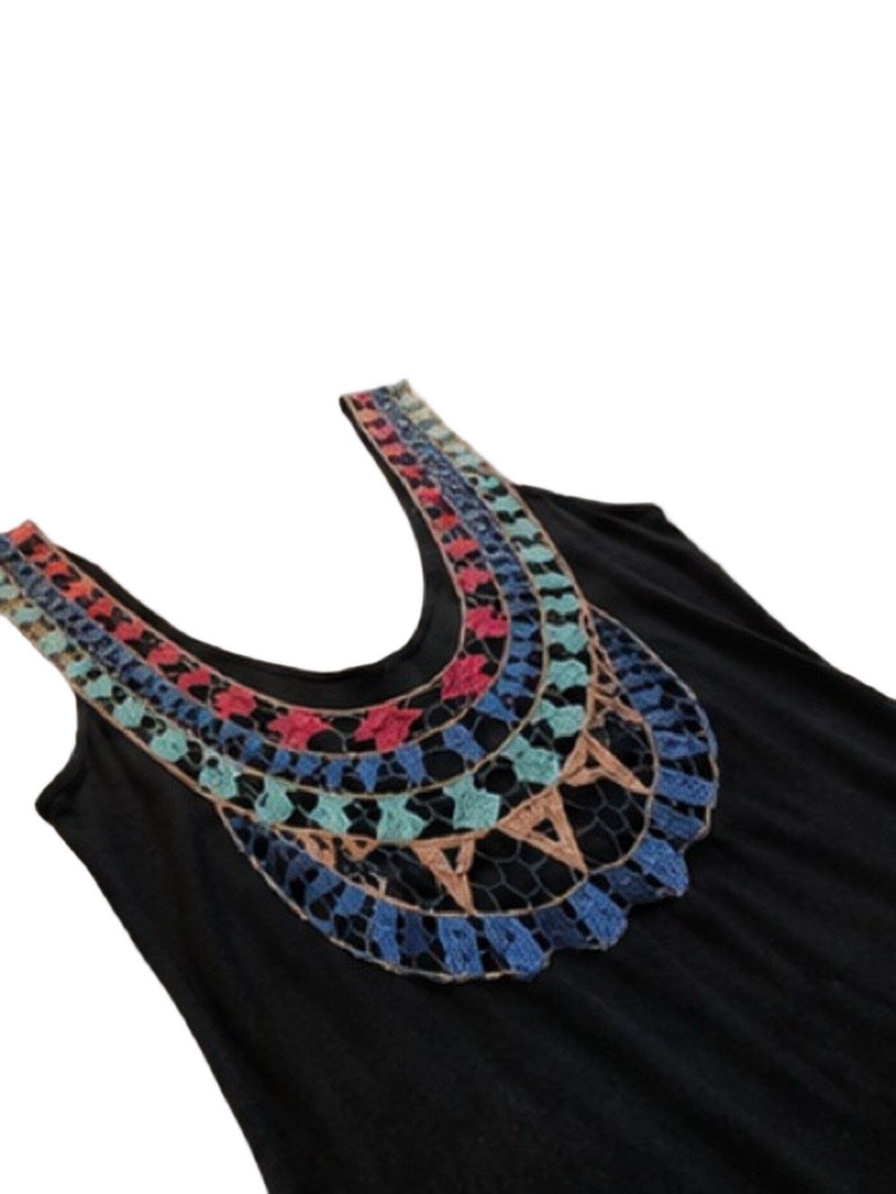 Black Maxi Dress Colorful Crochet Bib Neck Boho Festival S/M US 4 - US 6 - Picture 4 of 5
